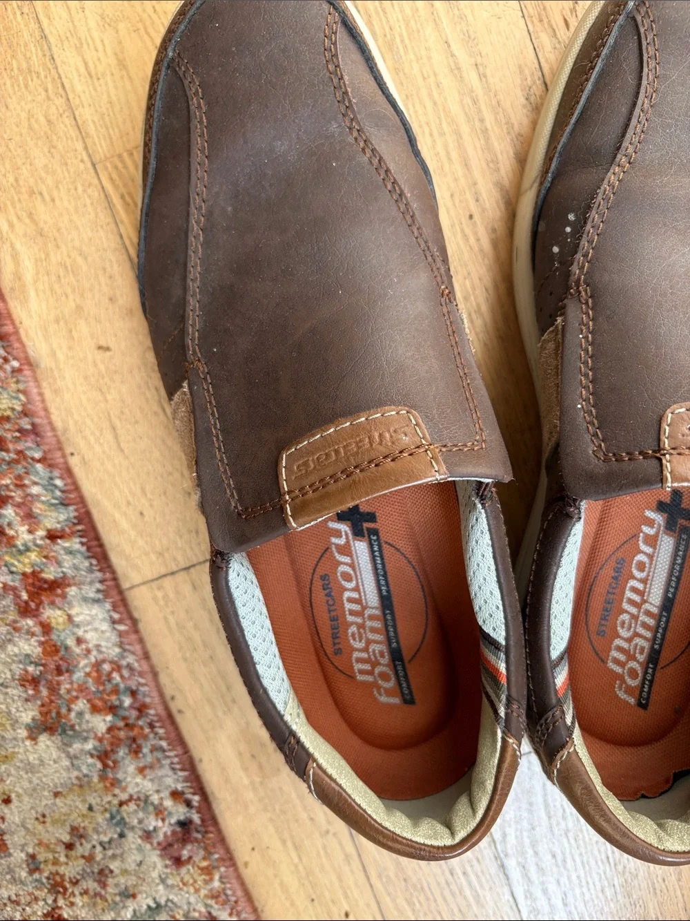 Skechers Men’s Brown Leather Slip-On Loafers with Contrast Stitching